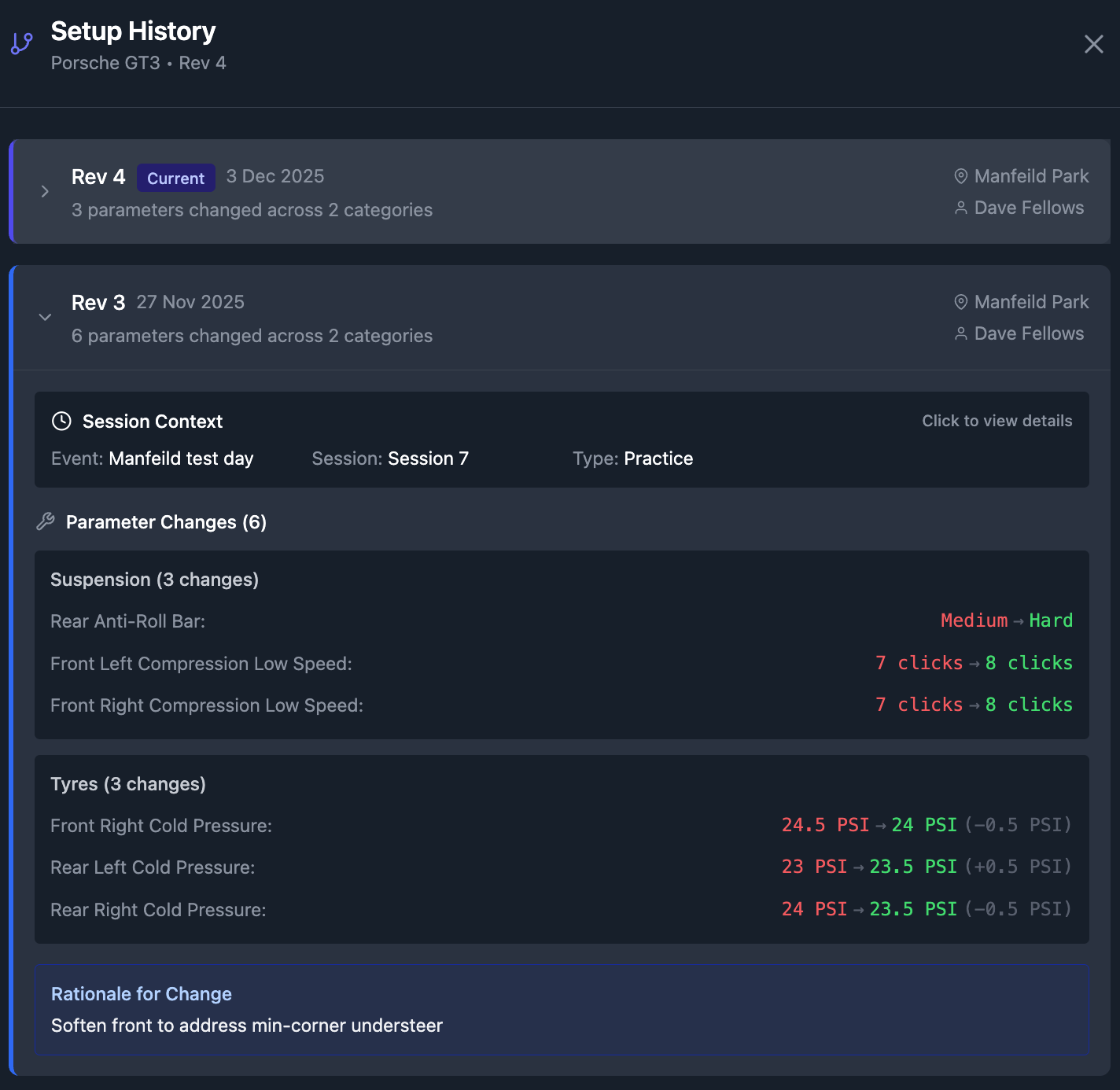 Setup History showing revision control with parameter changes